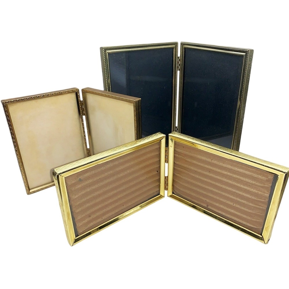 3 Brass Folding Photo Frames Retro MCM Vtg for Dresser Mantle Pictures Lot